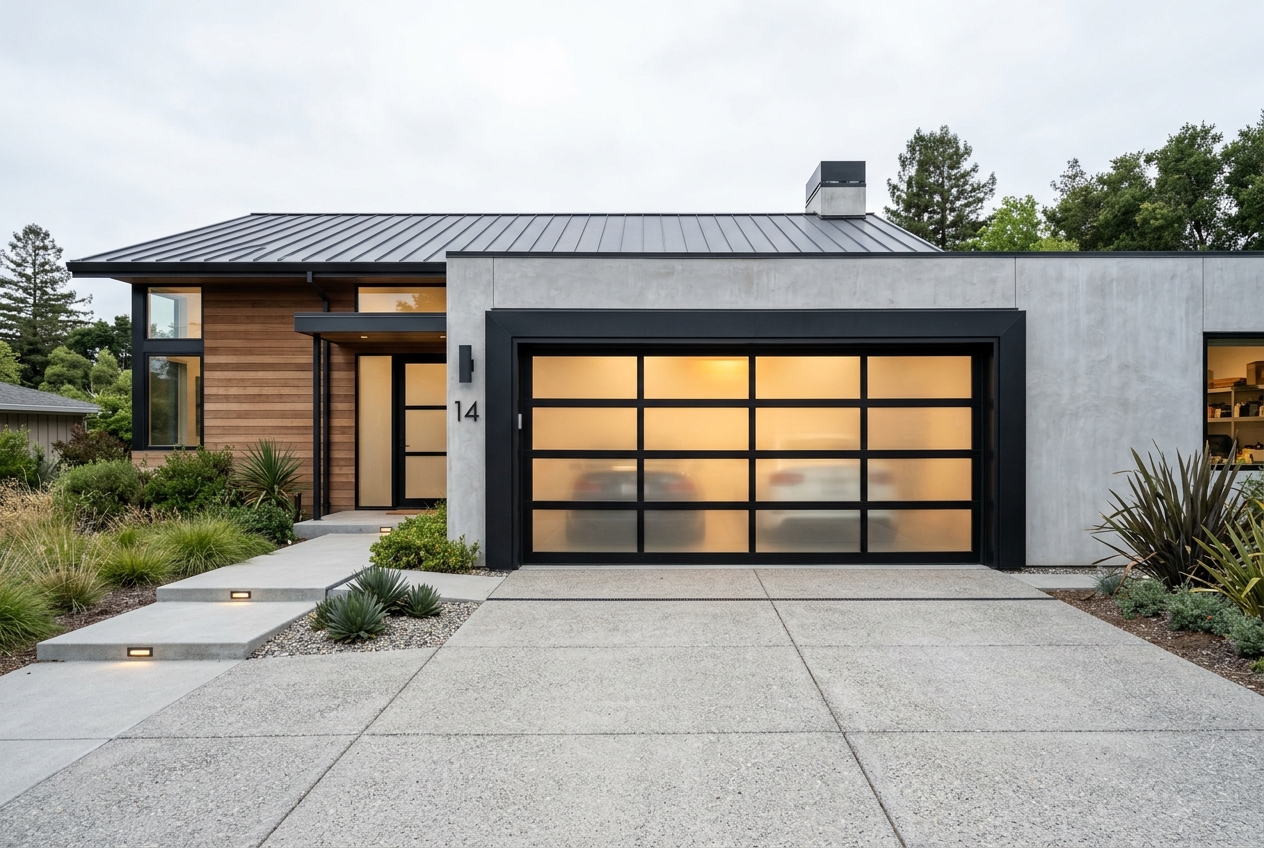 Full-view glass and aluminum garage door on a modern home