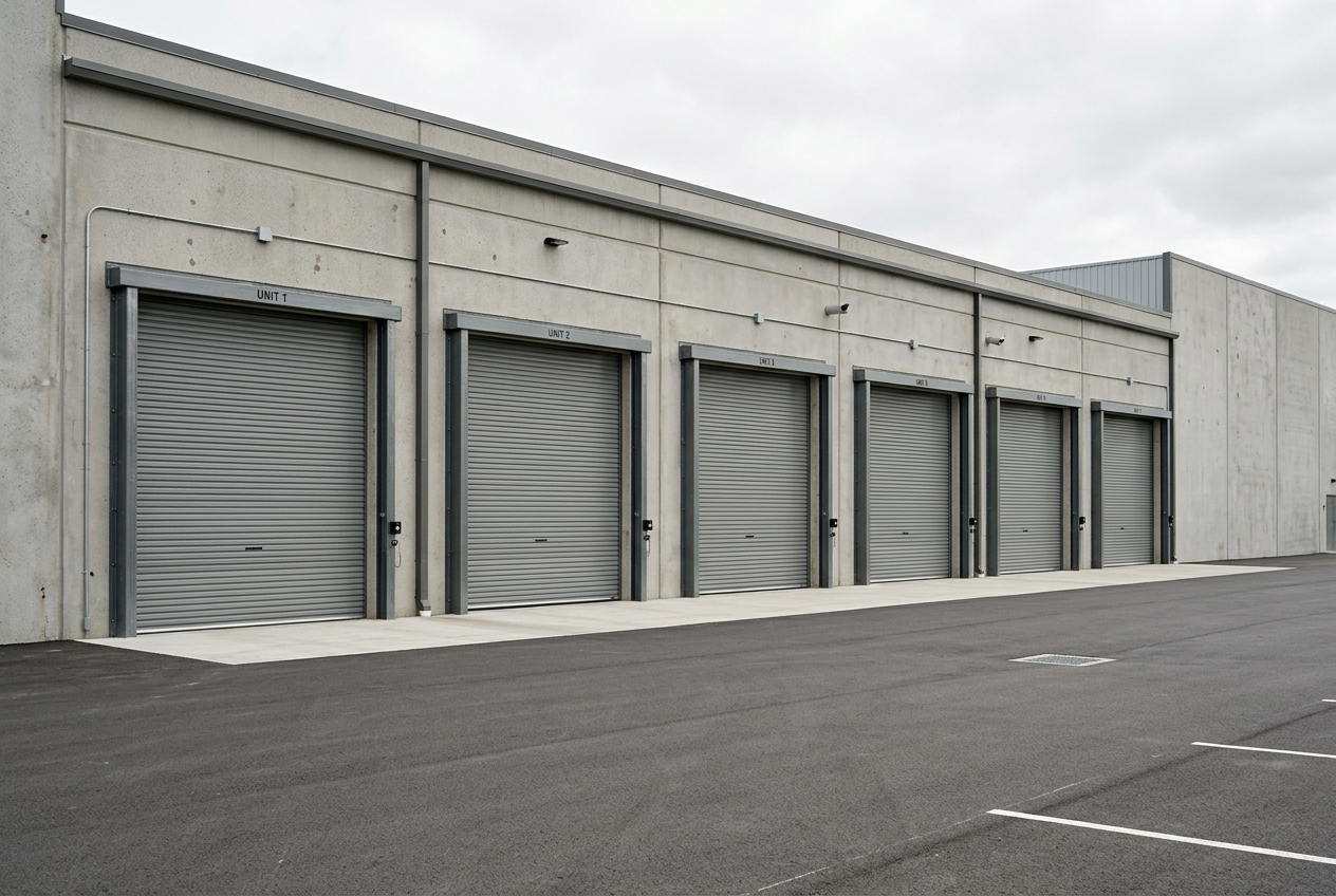 Row of gray steel roll-up commercial garage doors on a warehouse
