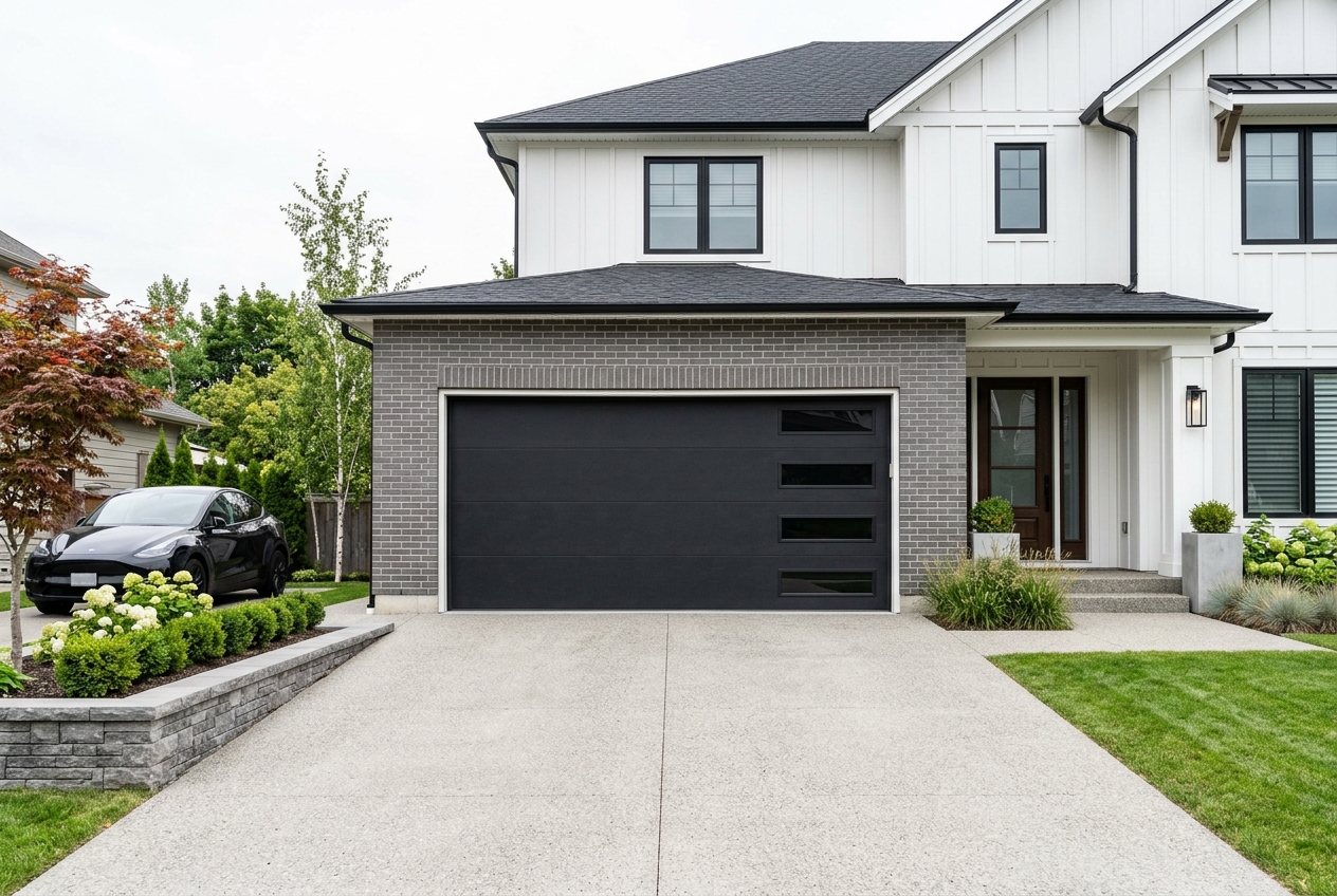 New matte black garage door installed on a modern home