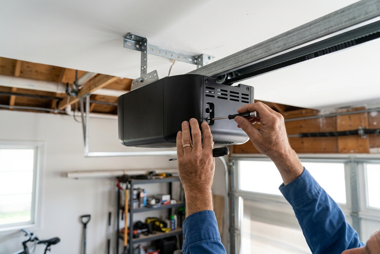 Technician's hands adjusting a ceiling-mounted garage door opener